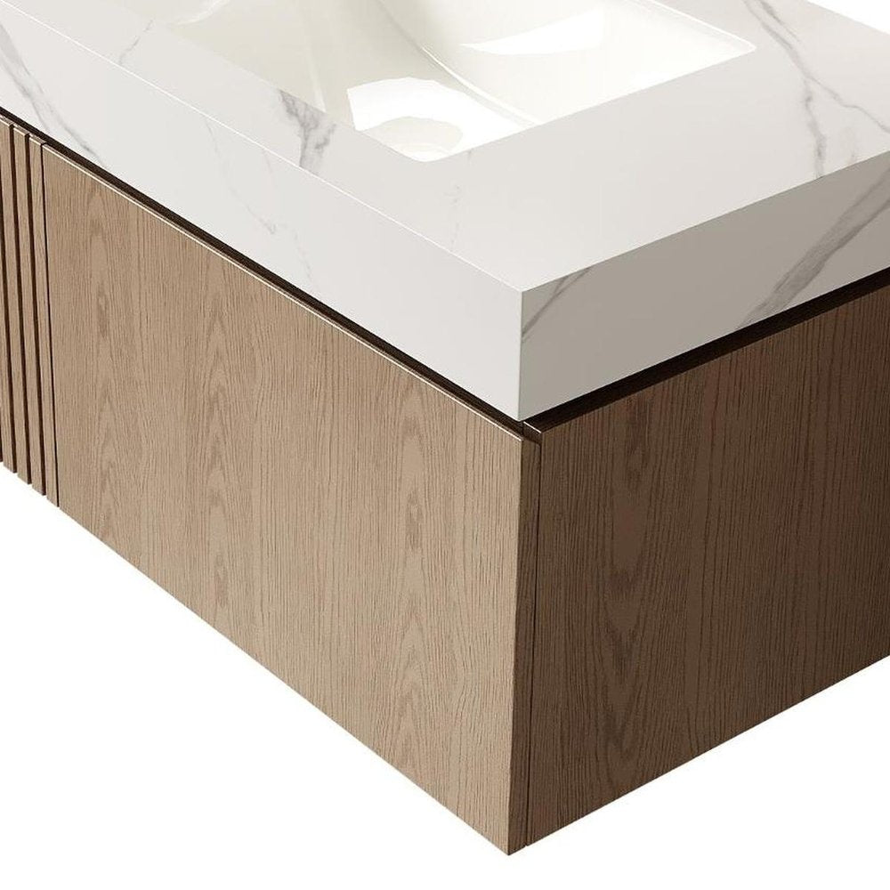 36" Brown Wood Floating Single Door Bathroom Vanity With White Ceramic Sink — view 4