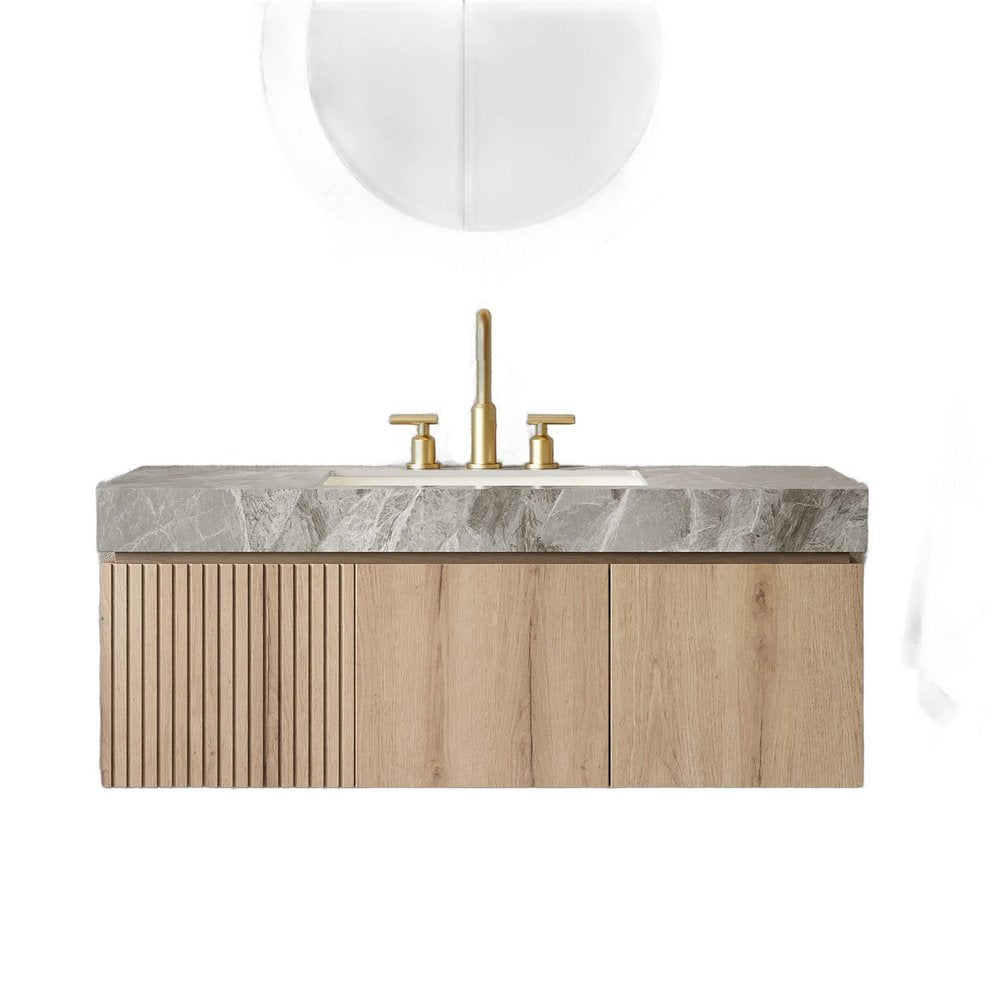 48" Brown Wood Floating Double Door Bathroom Vanity With White Ceramic Sink HomeRoots