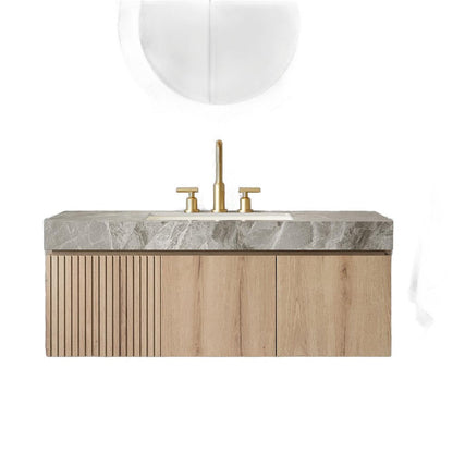 48" Brown Wood Floating Double Door Bathroom Vanity With White Ceramic Sink HomeRoots