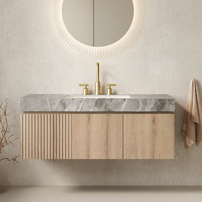48" Brown Wood Floating Double Door Bathroom Vanity With White Ceramic Sink HomeRoots