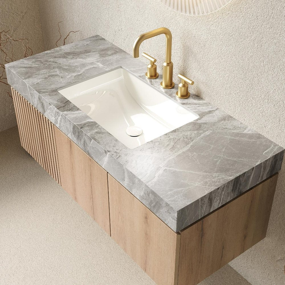 48" Brown Wood Floating Double Door Bathroom Vanity With White Ceramic Sink — view 2