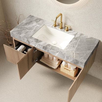 48" Brown Wood Floating Double Door Bathroom Vanity With White Ceramic Sink HomeRoots