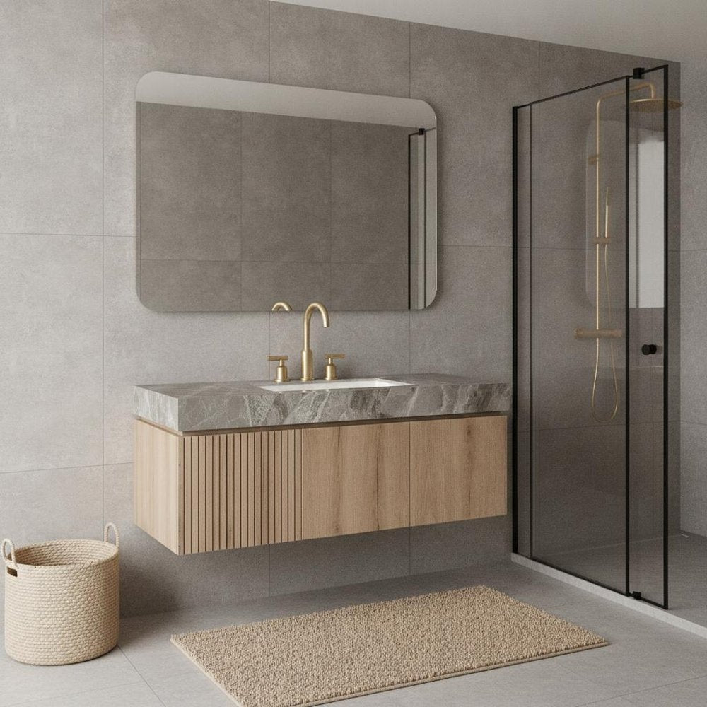 48" Brown Wood Floating Double Door Bathroom Vanity With White Ceramic Sink — view 5