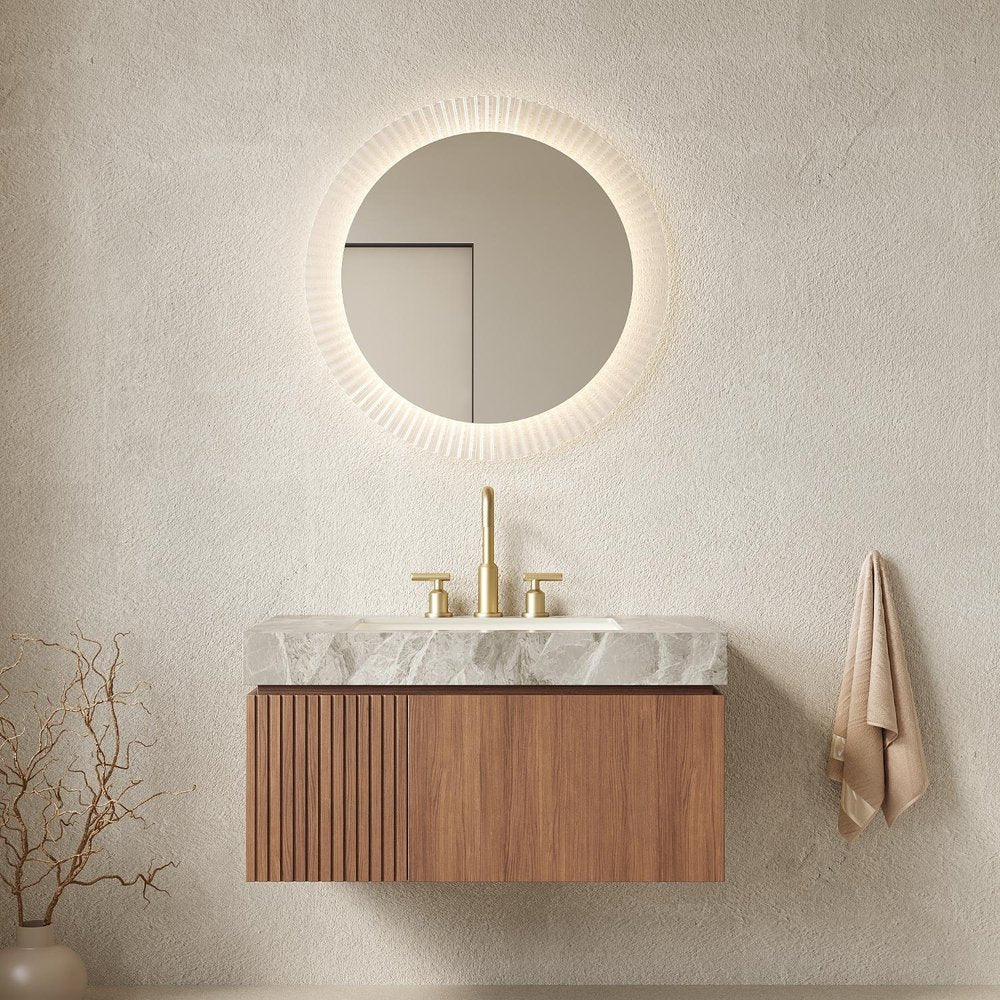 36" Brown Wood Floating Single Door Bathroom Vanity With White Ceramic Sink