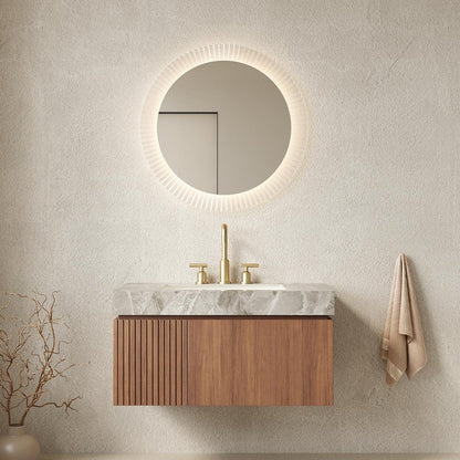 36" Brown Wood Floating Single Door Bathroom Vanity With White Ceramic Sink
