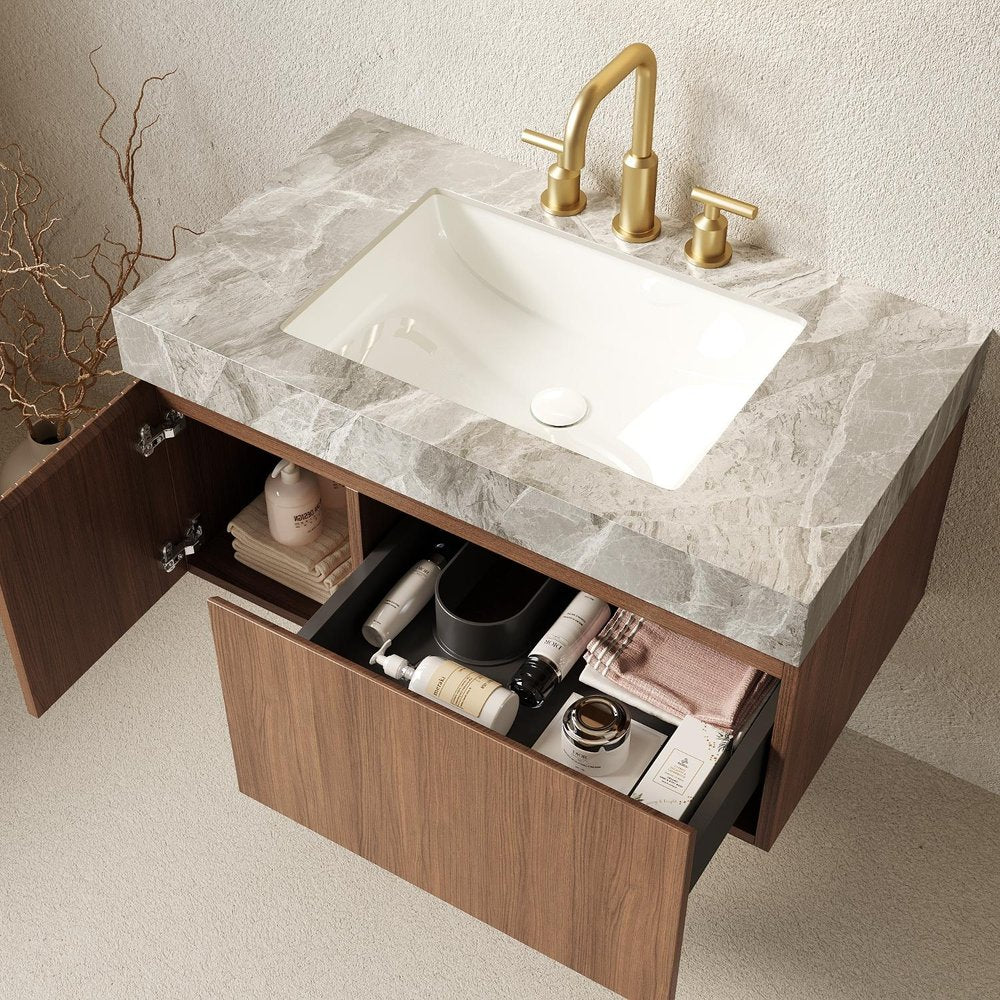 36" Brown Wood Floating Single Door Bathroom Vanity With White Ceramic Sink