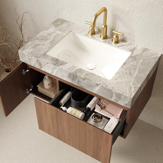 36" Brown Wood Floating Single Door Bathroom Vanity With White Ceramic Sink
