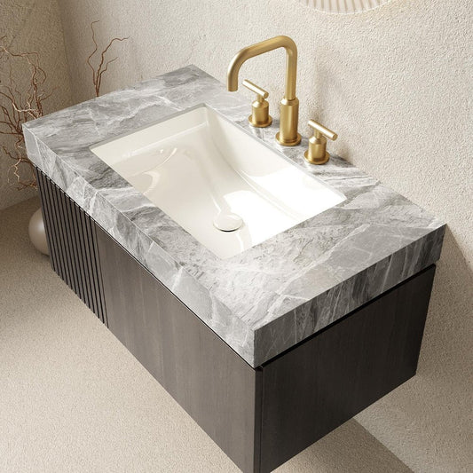 36" Black Wood Floating Single Door Bathroom Vanity With White Ceramic Sink