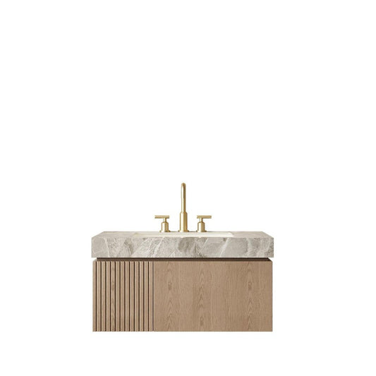 36" Brown Wood Floating Single Door Bathroom Vanity With White Ceramic Sink