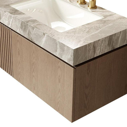 36" Brown Wood Floating Single Door Bathroom Vanity With White Ceramic Sink HomeRoots