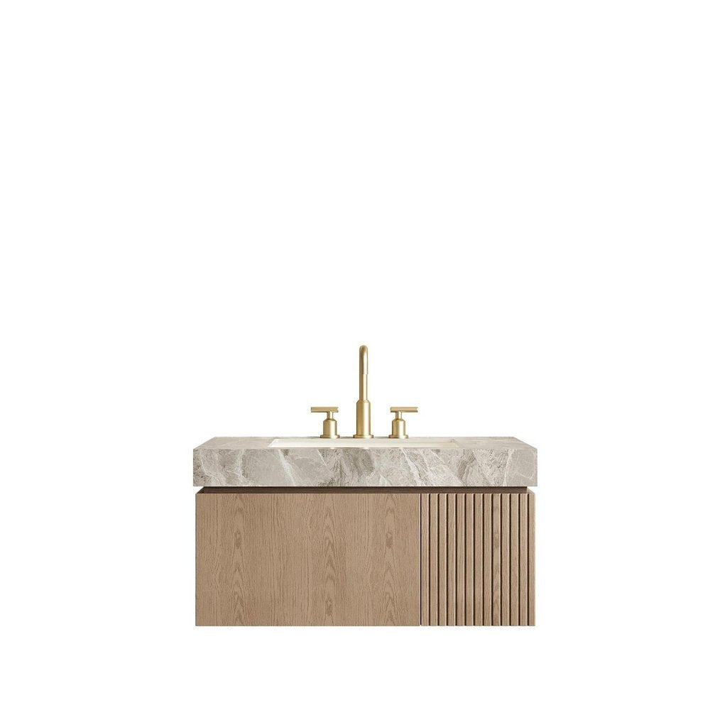 36" Brown Wood Floating Single Door Bathroom Vanity With White Ceramic Sink HomeRoots