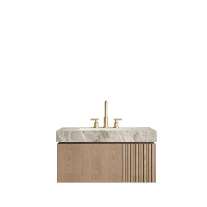 36" Brown Wood Floating Single Door Bathroom Vanity With White Ceramic Sink