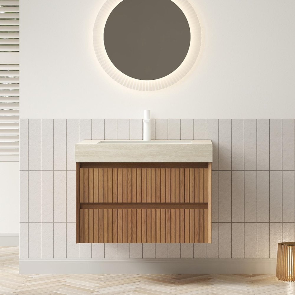 30" Brown Wood Floating Bathroom Vanity With White Ceramic Sink With Two Drawers HomeRoots