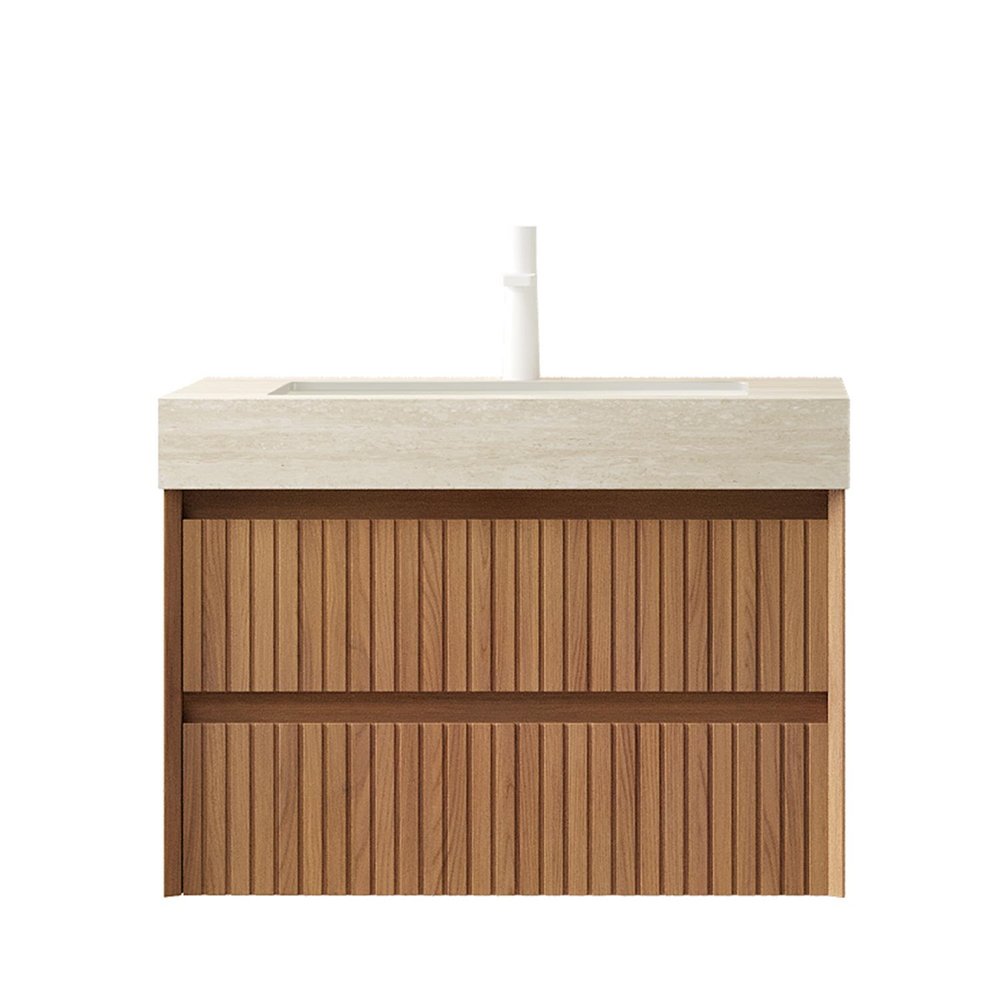 30" Brown Wood Floating Bathroom Vanity With White Ceramic Sink With Two Drawers — view 2