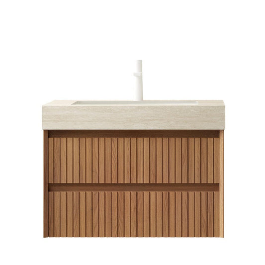 30" Brown Wood Floating Bathroom Vanity With White Ceramic Sink With Two Drawers