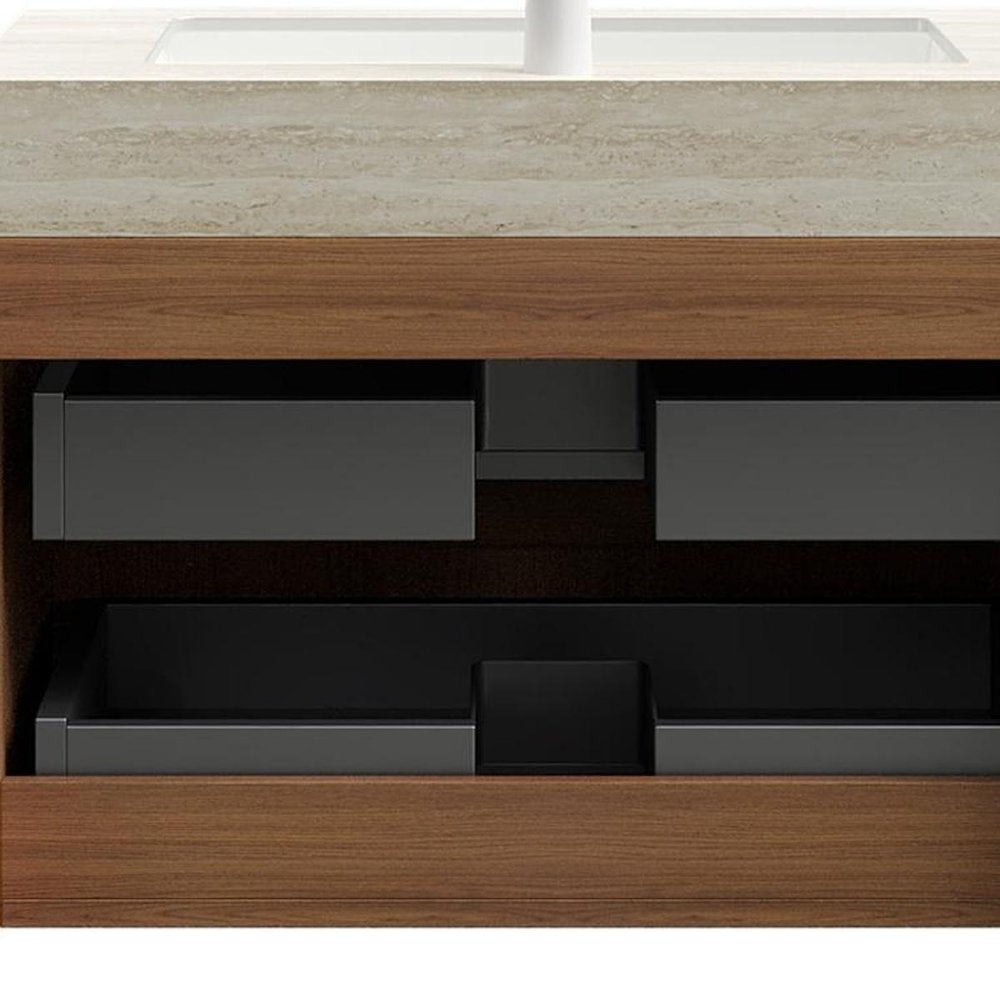 30" Brown Wood Floating Bathroom Vanity With White Ceramic Sink With Two Drawers HomeRoots