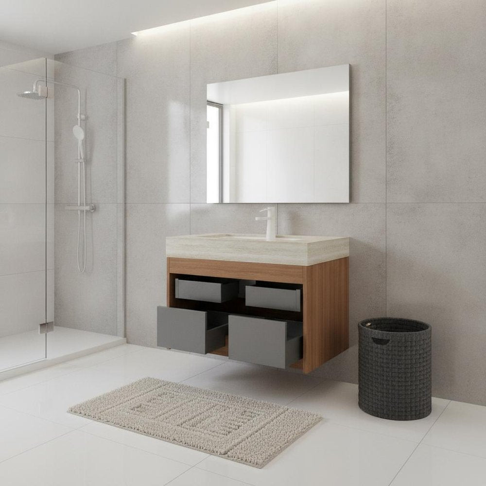 30" Brown Wood Floating Bathroom Vanity With White Ceramic Sink With Two Drawers — view 5