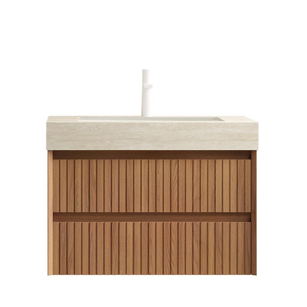 30" Brown Wood Floating Bathroom Vanity With White Ceramic Sink With Two Drawers HomeRoots