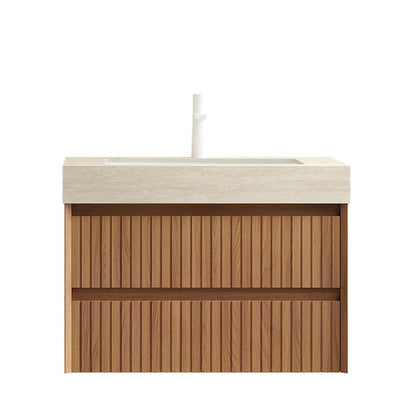 30" Brown Wood Floating Bathroom Vanity With White Ceramic Sink With Two Drawers HomeRoots