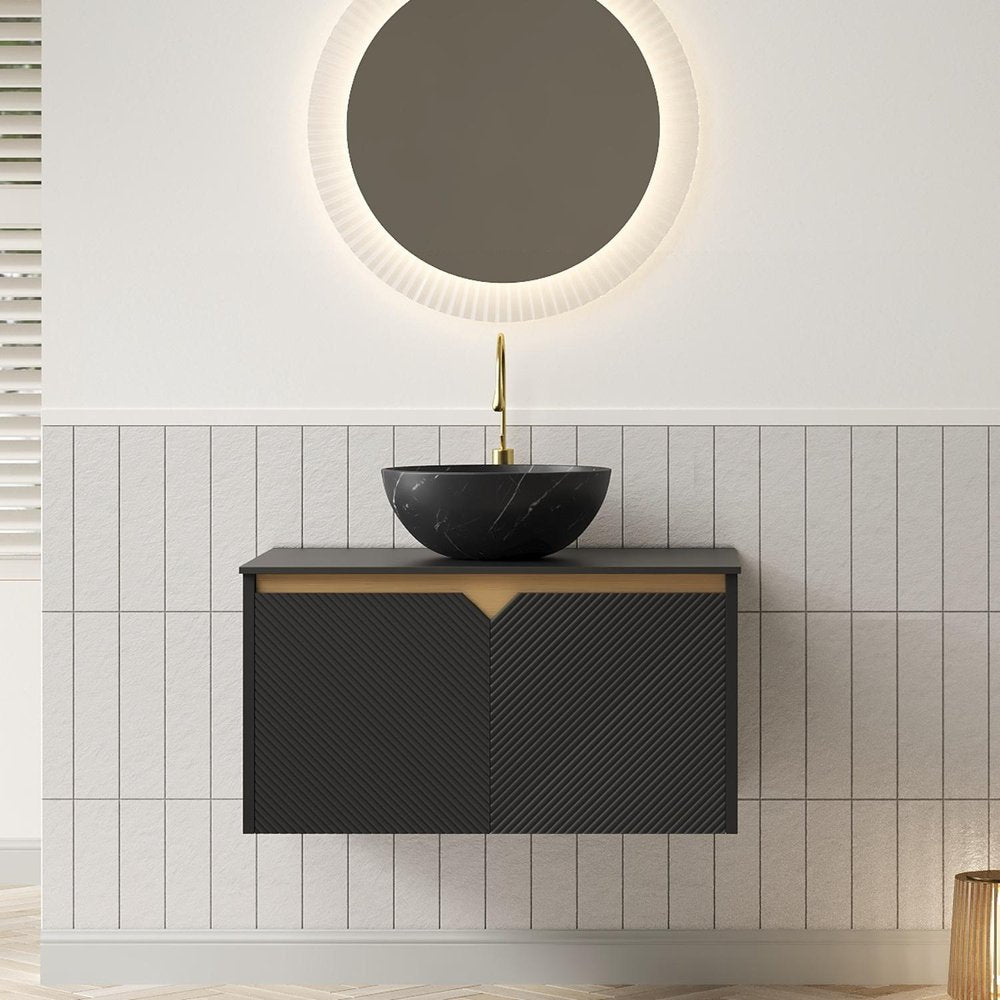 30" Black Wood Floating Double Door Bathroom Vanity With Ceramic Sink — view 1