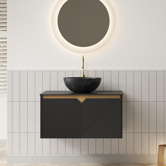 30" Black Wood Floating Double Door Bathroom Vanity With Ceramic Sink