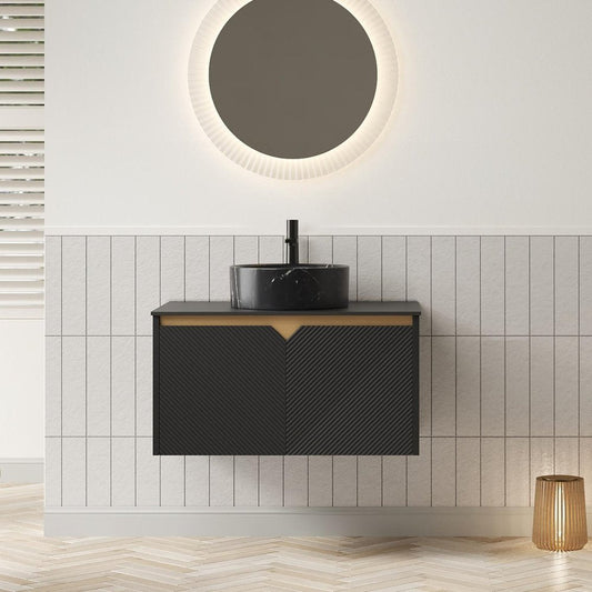 30" Black Wood Floating Double Door Bathroom Vanity With Ceramic Sink