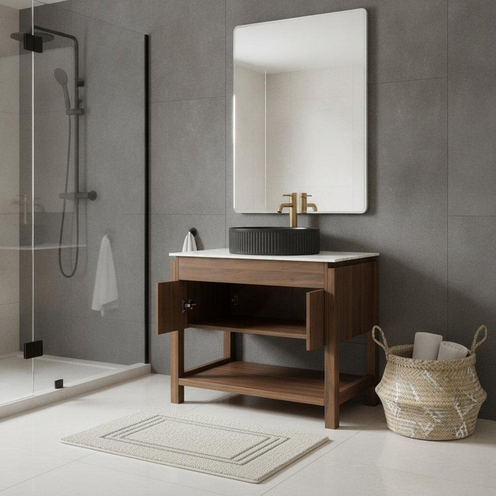 36" Brown Wood Double Door Bathroom Vanity With Black Ceramic Sink HomeRoots