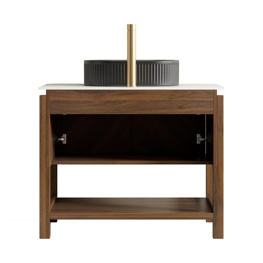 36" Brown Wood Double Door Bathroom Vanity With Black Ceramic Sink