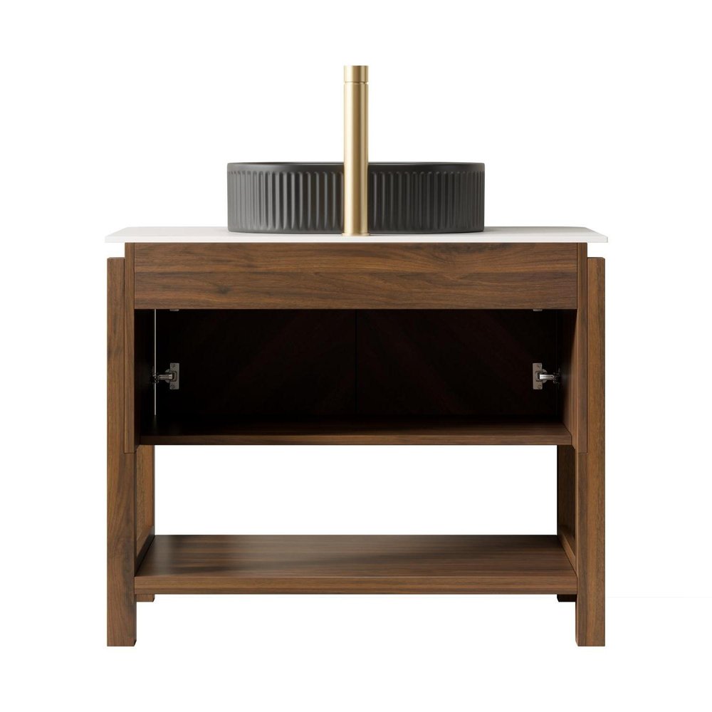 36" Brown Wood Double Door Bathroom Vanity With Black Ceramic Sink — view 2