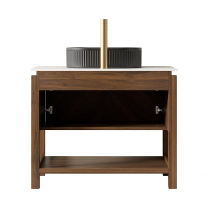 36" Brown Wood Double Door Bathroom Vanity With Black Ceramic Sink HomeRoots