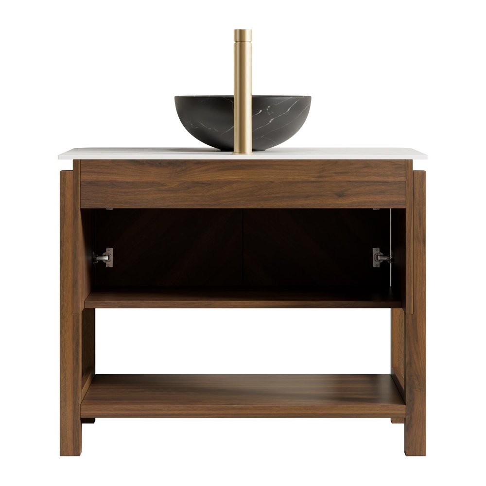 36" Brown Wood Double Door Bathroom Vanity With Black Ceramic Sink HomeRoots