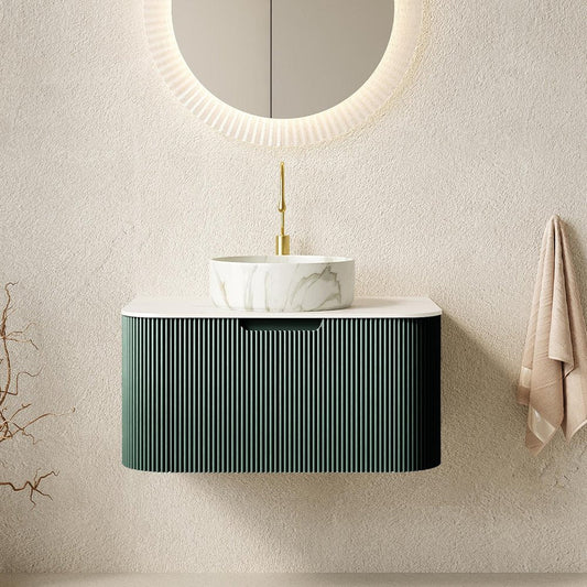 30" Green Wood Floating Bathroom Vanity With White Ceramic Sink