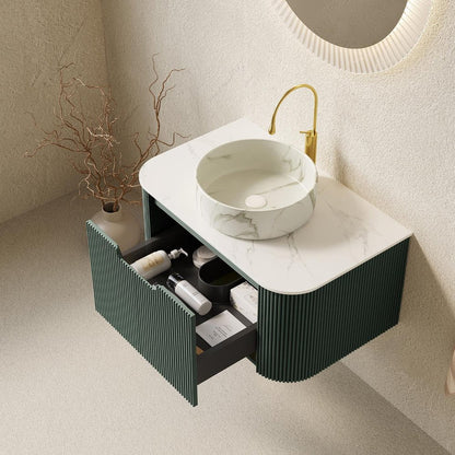 30" Green Wood Floating Bathroom Vanity With White Ceramic Sink HomeRoots