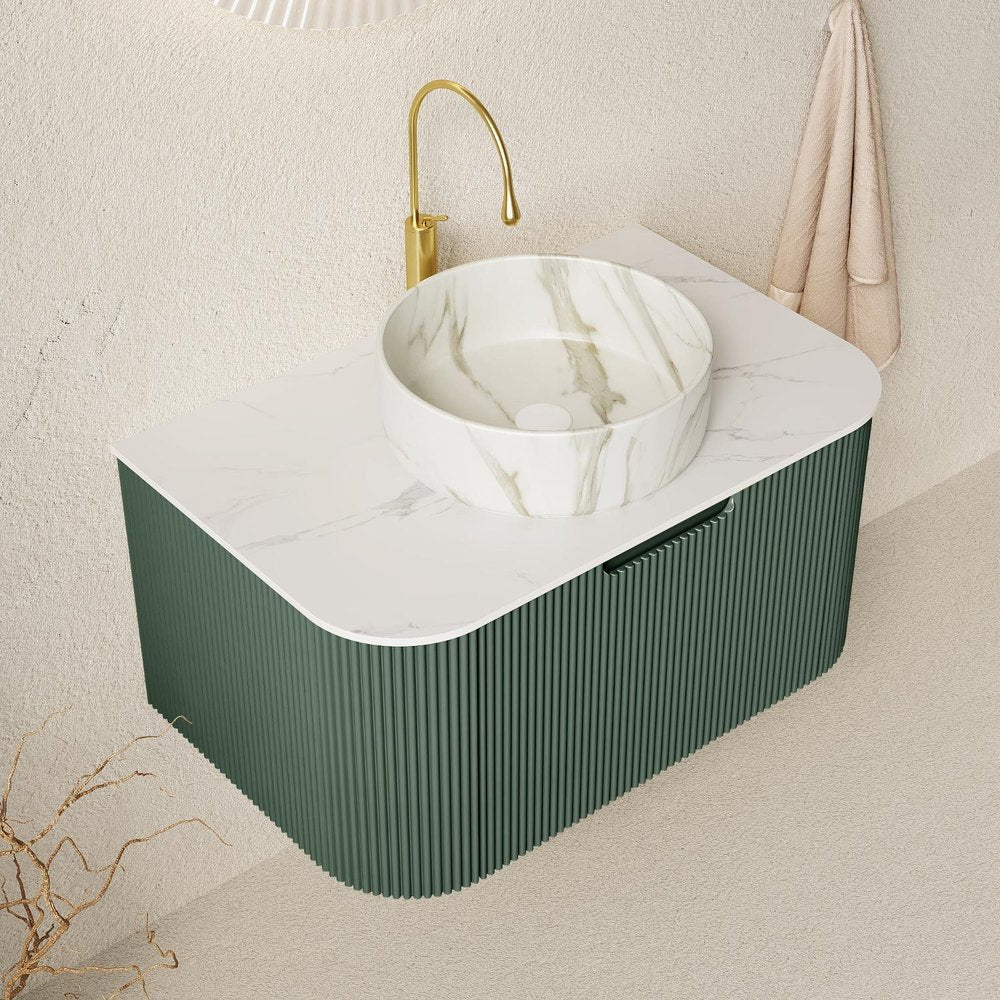 30" Green Wood Floating Bathroom Vanity With White Ceramic Sink