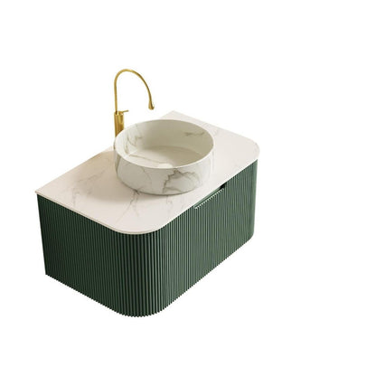30" Green Wood Floating Bathroom Vanity With White Ceramic Sink