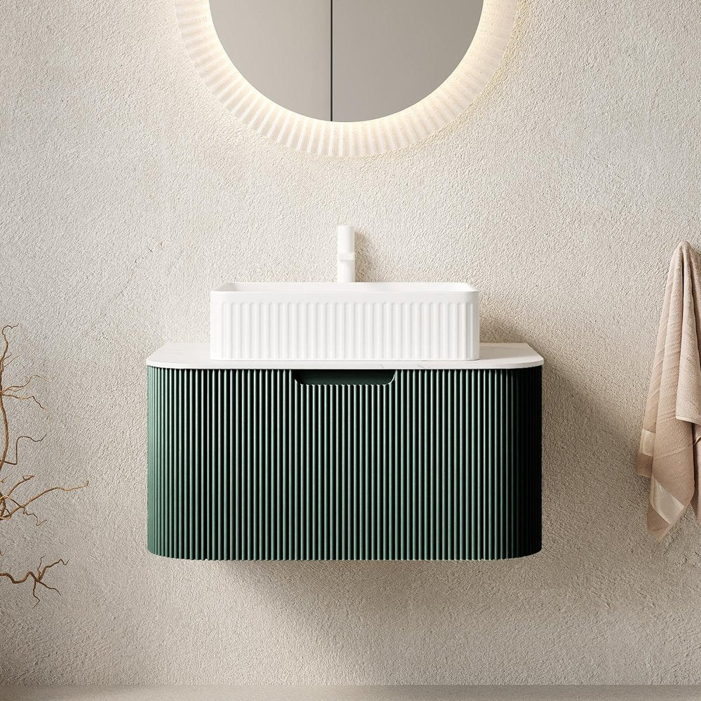 30" Green Wood Floating Bathroom Vanity With White Ceramic Sink — view 1