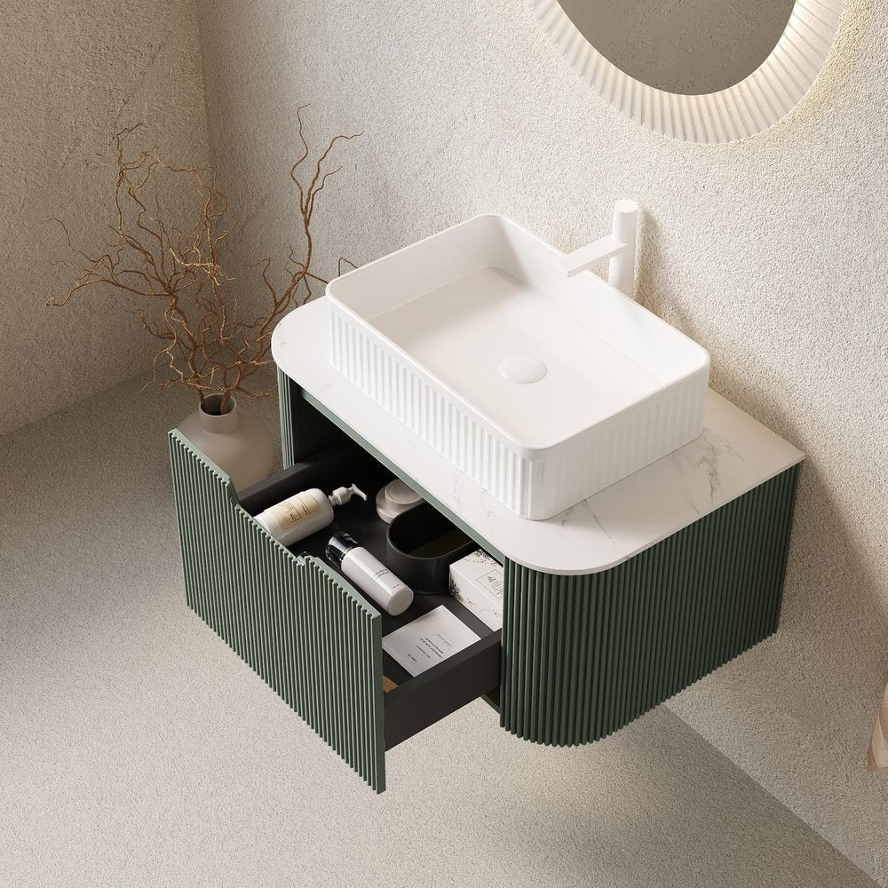 30" Green Wood Floating Bathroom Vanity With White Ceramic Sink HomeRoots