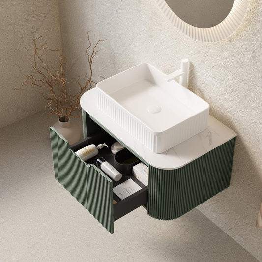 30" Green Wood Floating Bathroom Vanity With White Ceramic Sink
