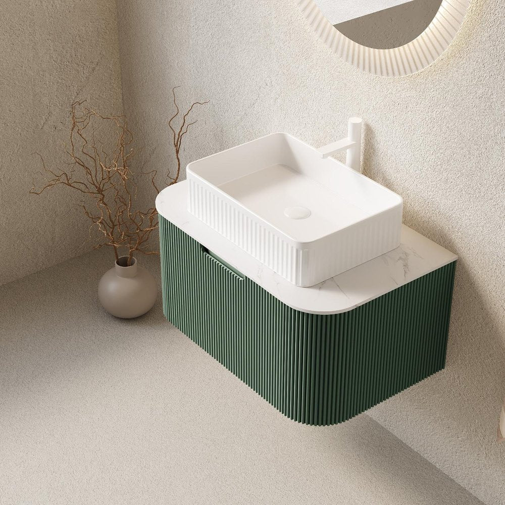 30" Green Wood Floating Bathroom Vanity With White Ceramic Sink — view 3