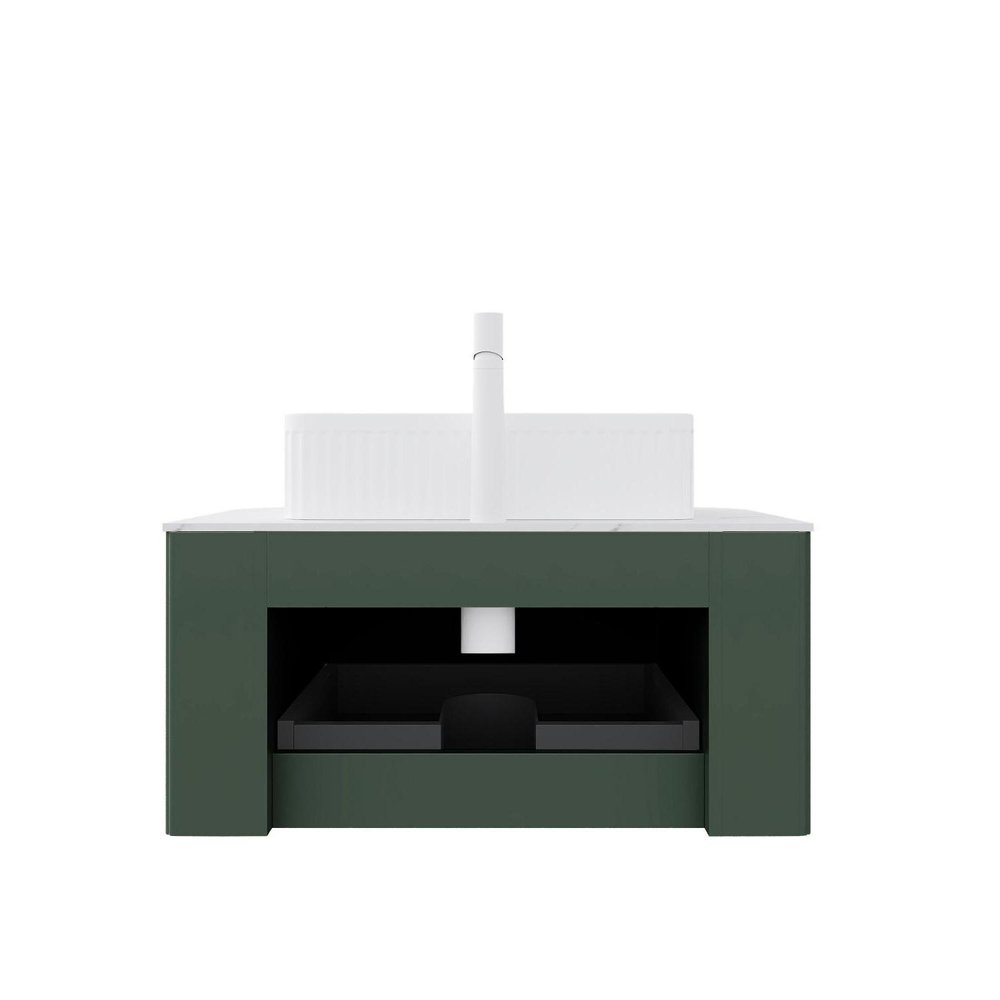 30" Green Wood Floating Bathroom Vanity With White Ceramic Sink — view 5
