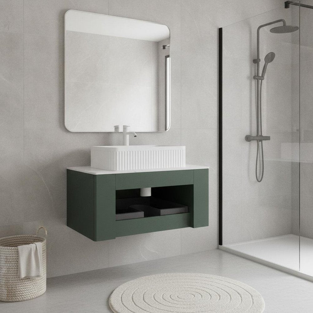 30" Green Wood Floating Bathroom Vanity With White Ceramic Sink HomeRoots