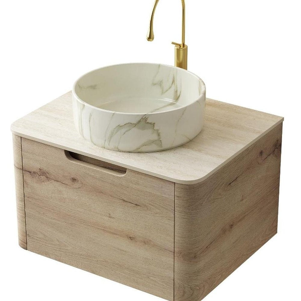 24" Brown Wood Floating Bathroom Vanity With White Ceramic Sink — view 3