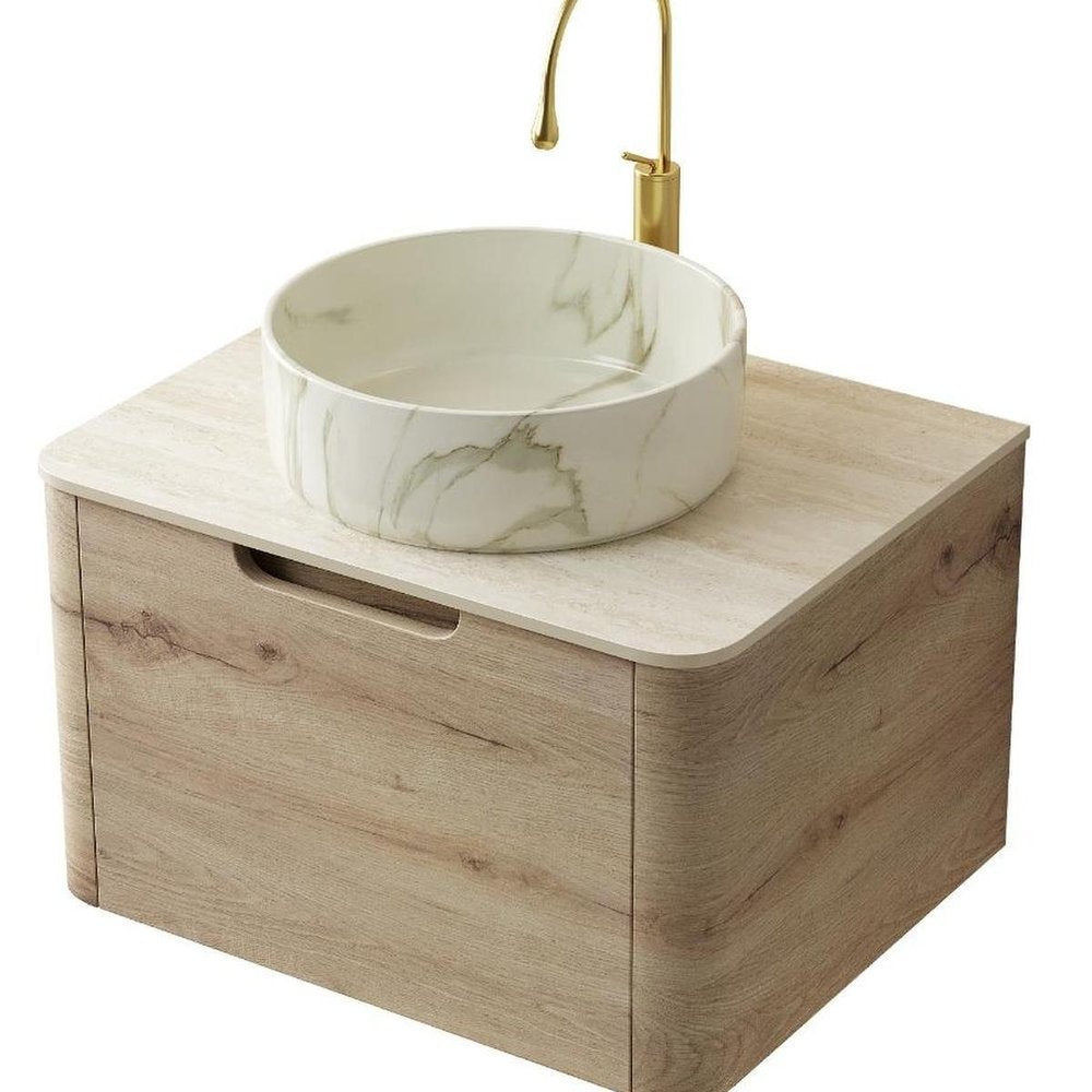 24" Brown Wood Floating Bathroom Vanity With White Ceramic Sink — view 5