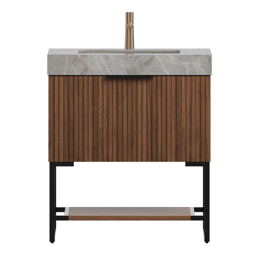 30" Brown Wood Bathroom Vanity With White Ceramic Sink