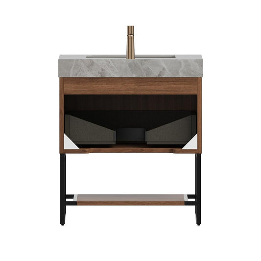 30" Brown Wood Bathroom Vanity With White Ceramic Sink