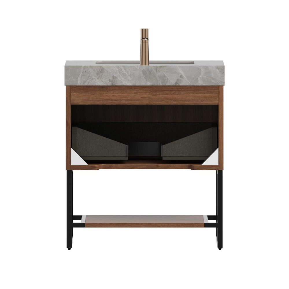 30" Brown Wood Bathroom Vanity With White Ceramic Sink — view 2