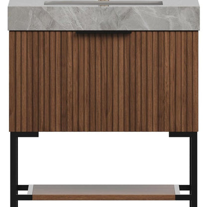 30" Brown Wood Bathroom Vanity With White Ceramic Sink HomeRoots