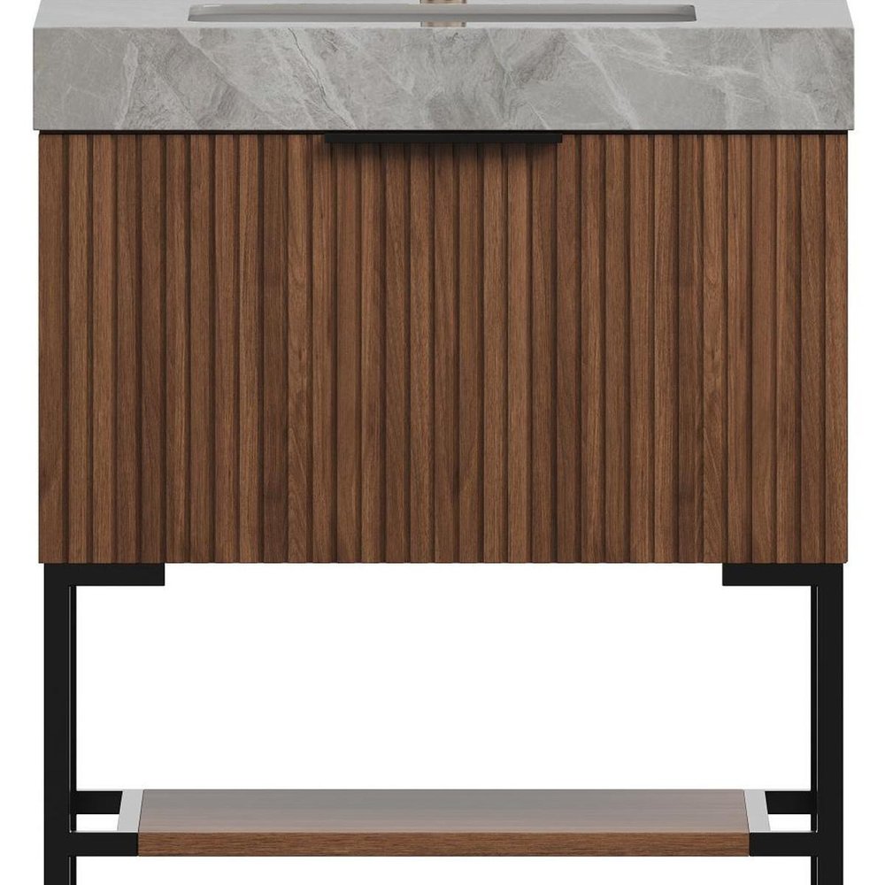 30" Brown Wood Bathroom Vanity With White Ceramic Sink — view 3