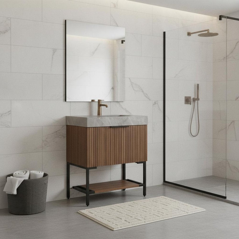 30" Brown Wood Bathroom Vanity With White Ceramic Sink — view 5