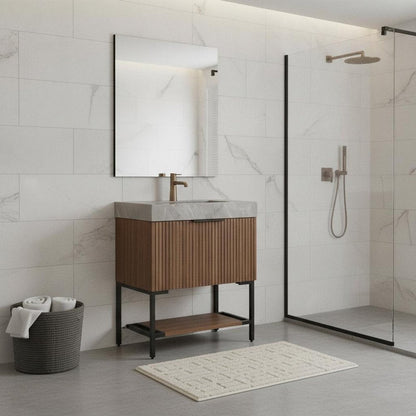 30" Brown Wood Bathroom Vanity With White Ceramic Sink HomeRoots
